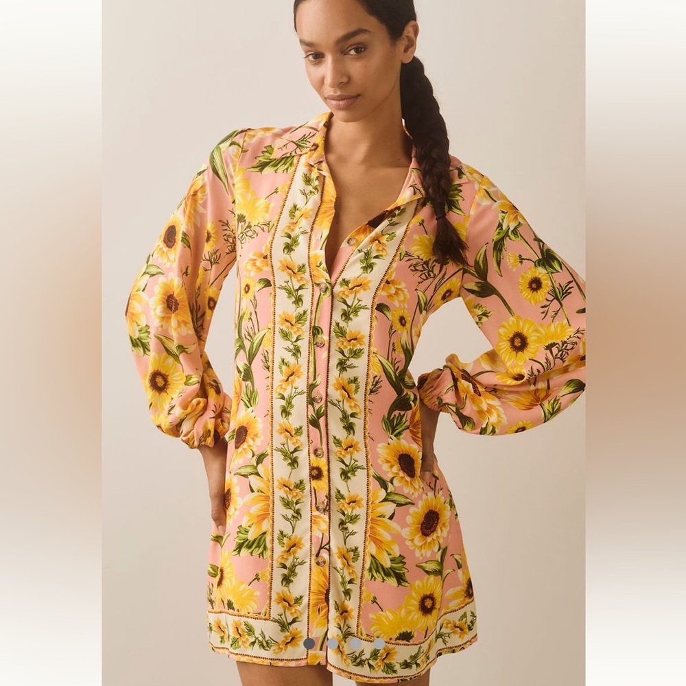 New FARM Rio Anthropologie Long Sleeve Button Front Mini Sunflower Dress